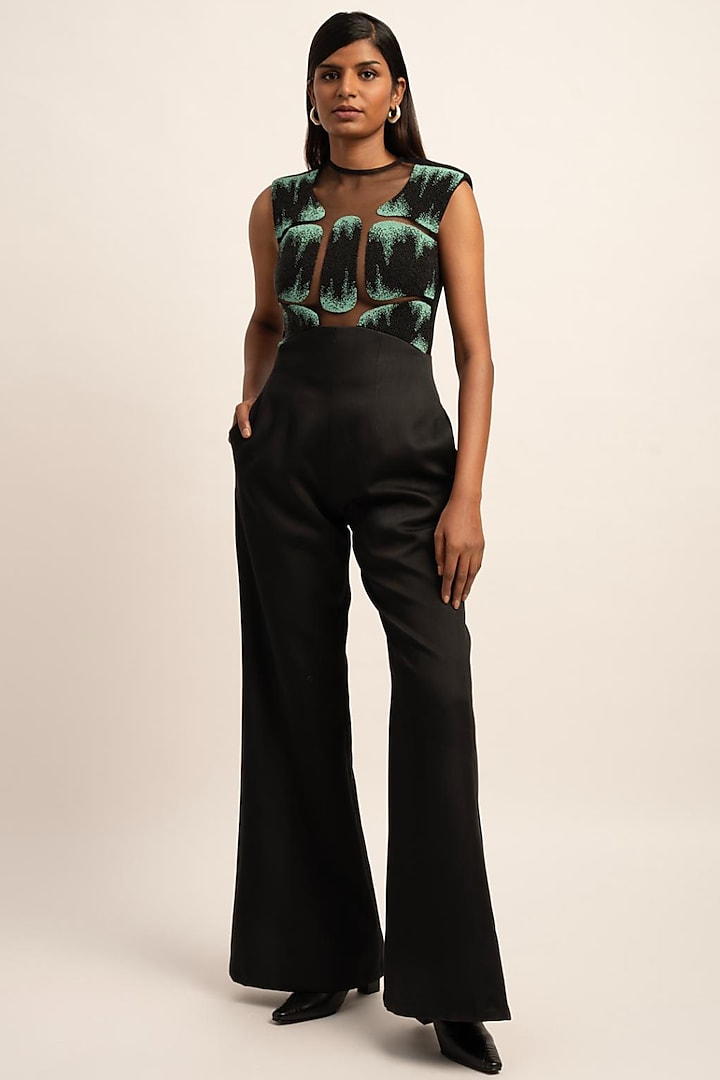 Black Viscose Moss Crepe Satin Hand-Beaded Jumpsuit by SIDDHANT AGRAWAL at Pernia's Pop Up Shop