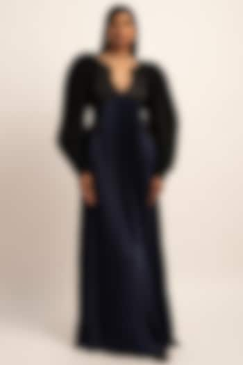 Navy Blue & Black Japanese Satin Pleated Gown by SIDDHANT AGRAWAL at Pernia's Pop Up Shop