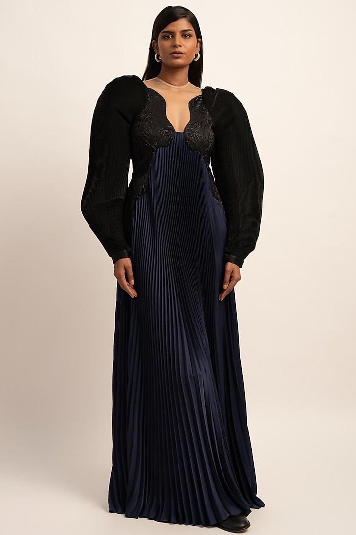 Navy Blue & Black Japanese Satin Pleated Gown by SIDDHANT AGRAWAL at Pernia's Pop Up Shop