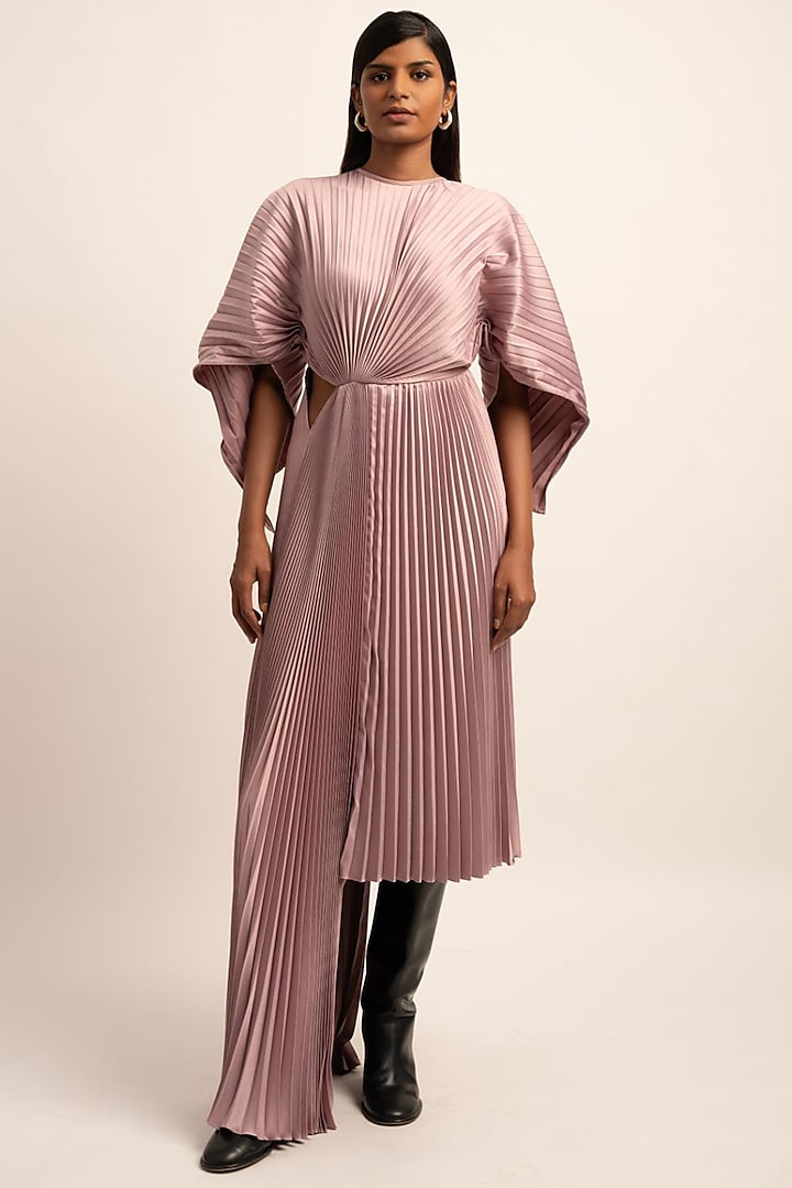 Dusky Rose Satin Crepe Pleated Dress by SIDDHANT AGRAWAL