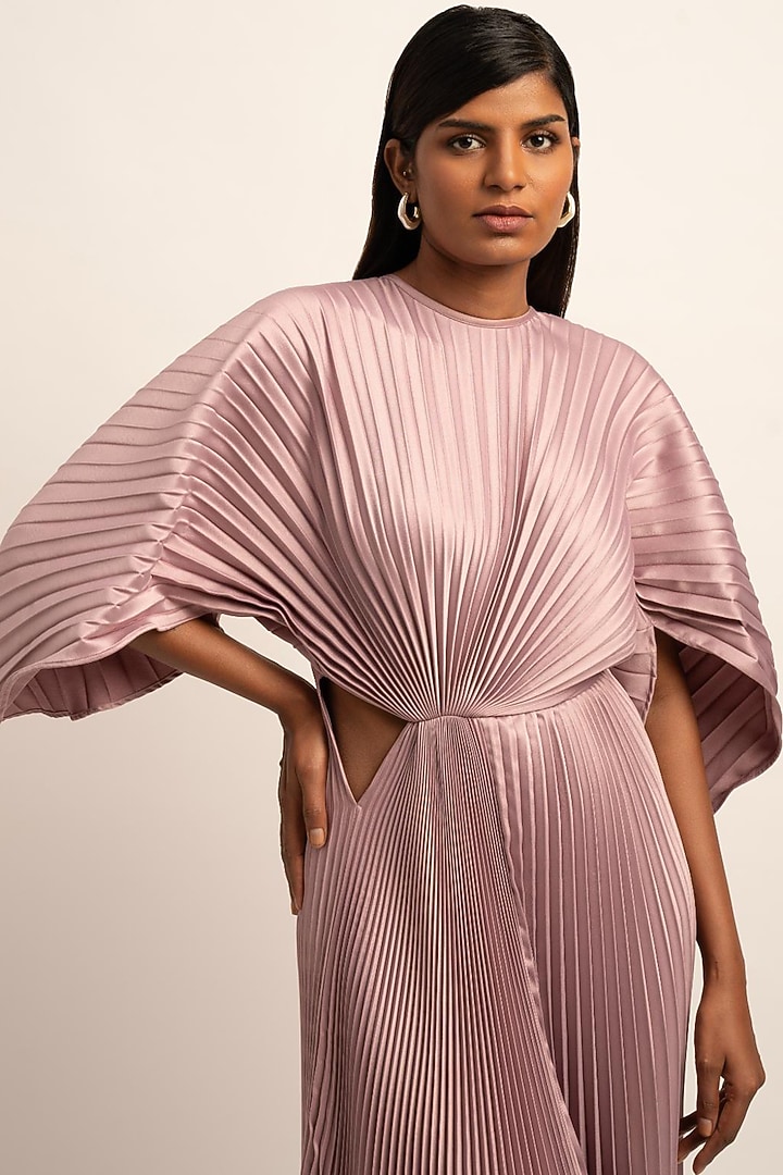 Dusky Rose Satin Crepe Pleated Vacation Dress by SIDDHANT AGRAWAL at Pernia's Pop Up Shop