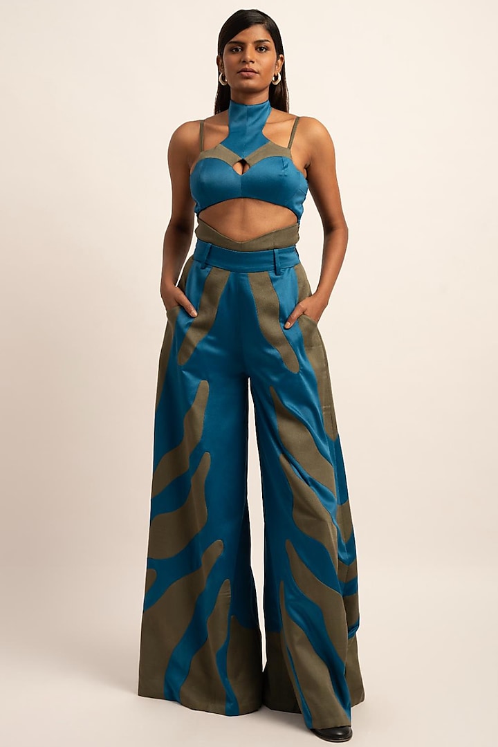 Teal & Olive Green Viscose Moss Crepe Satin Wide-Legged Trousers by SIDDHANT AGRAWAL