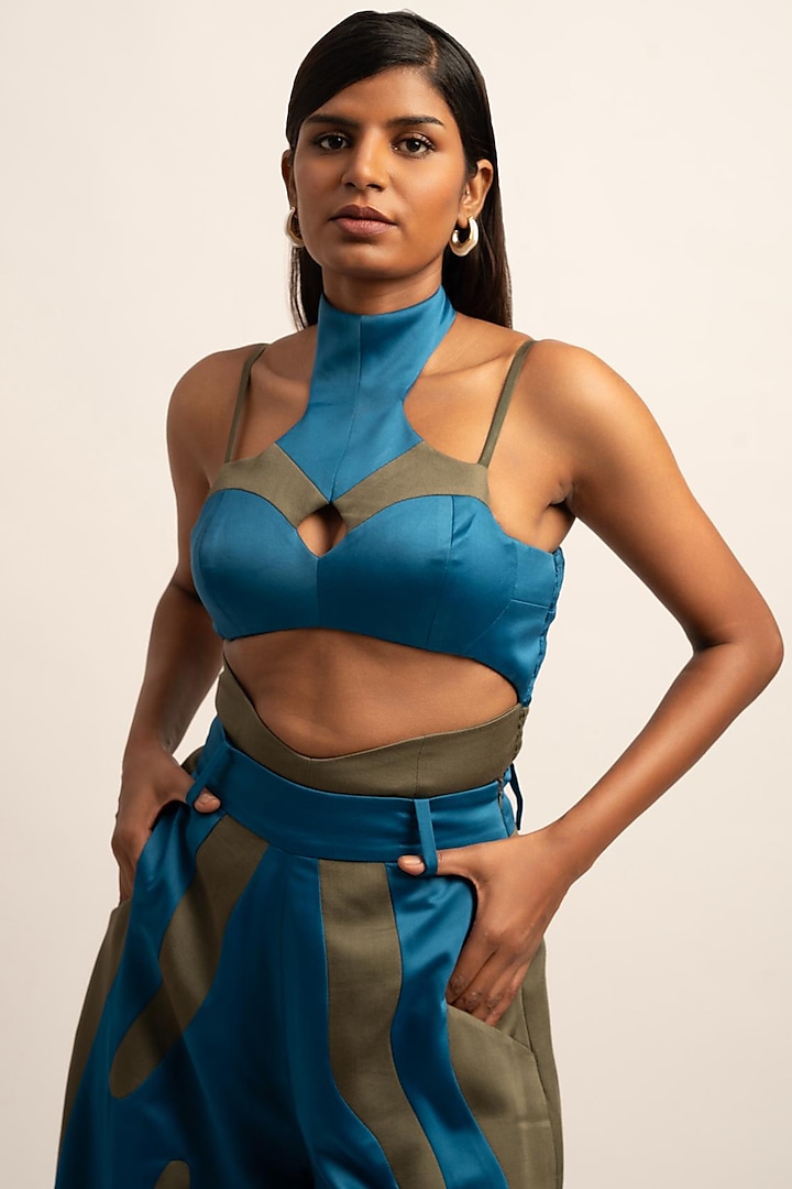 Teal & Olive Green Butterfly Satin Bodysuit by SIDDHANT AGRAWAL