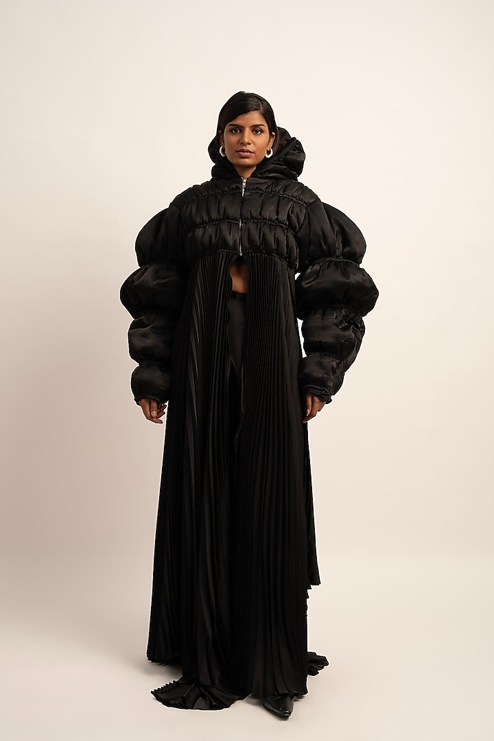 Black Japanese Satin Puffer Jacket by SIDDHANT AGRAWAL