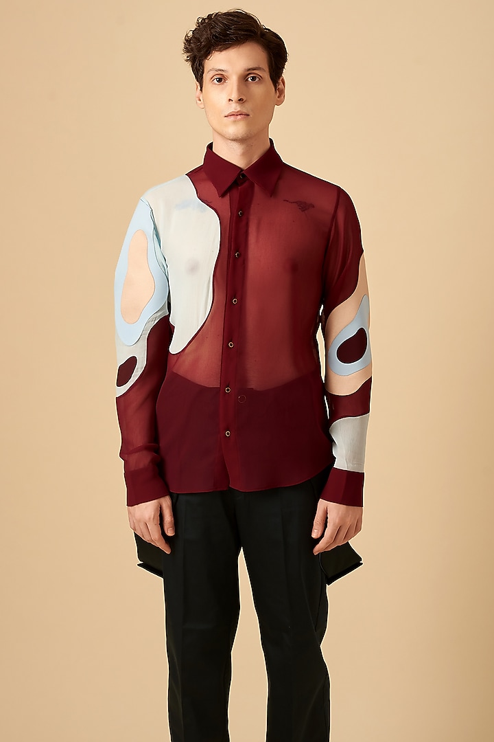 Maroon Poly Georgette Shirt by Siddhant Agrawal Men