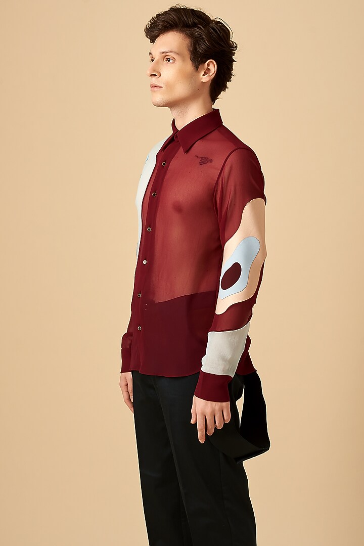 Maroon Poly Georgette Party Wear Shirt by Siddhant Agrawal Men at Pernia's Pop Up Shop