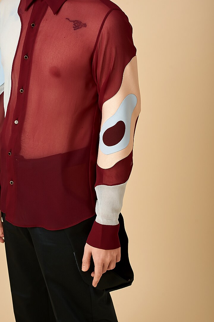Maroon Poly Georgette Party Wear Shirt by Siddhant Agrawal Men at Pernia's Pop Up Shop
