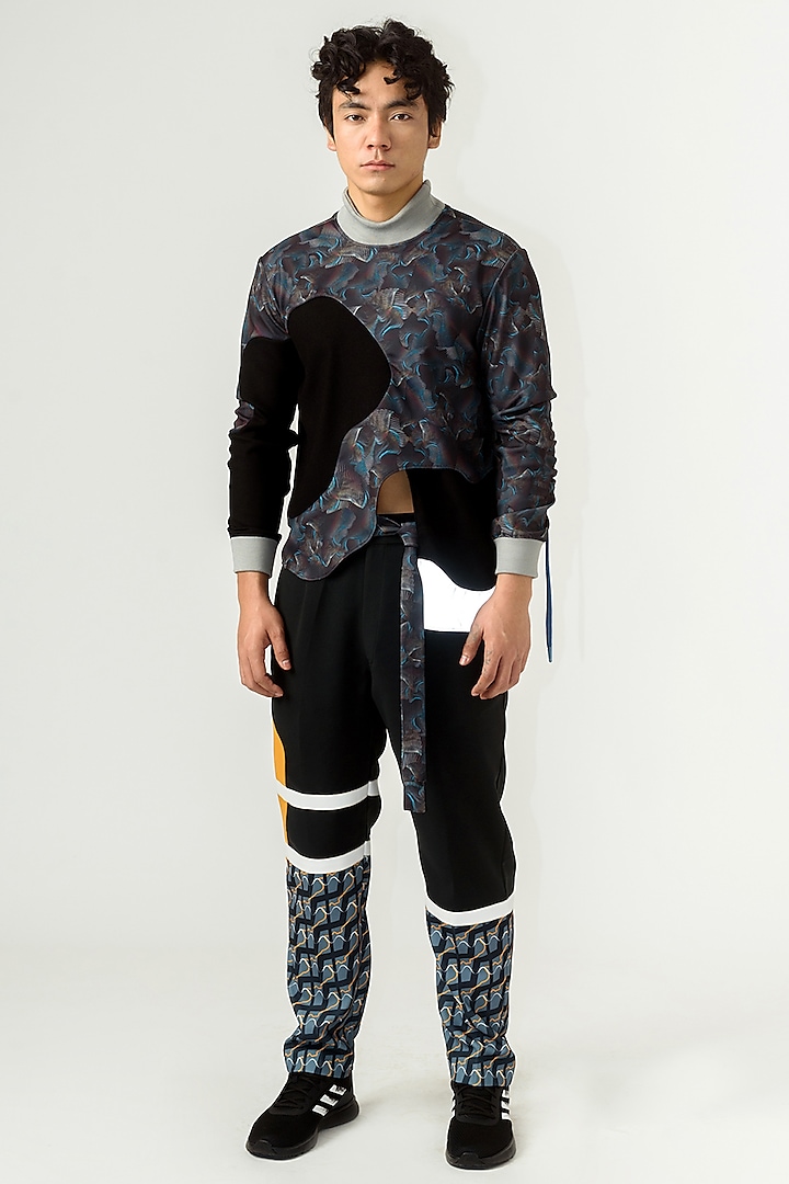 Black Poly Lycra & Textured Crepe Printed Jumper by Siddhant Agrawal Men