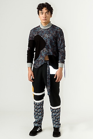 Black Poly Lycra & Textured Crepe Printed Jumper by Siddhant Agrawal Men
