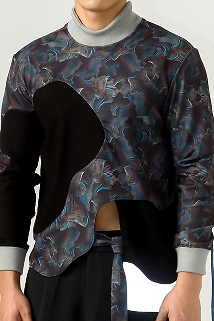 Black Poly Lycra & Textured Crepe Printed Jumper by Siddhant Agrawal Men at Pernia's Pop Up Shop