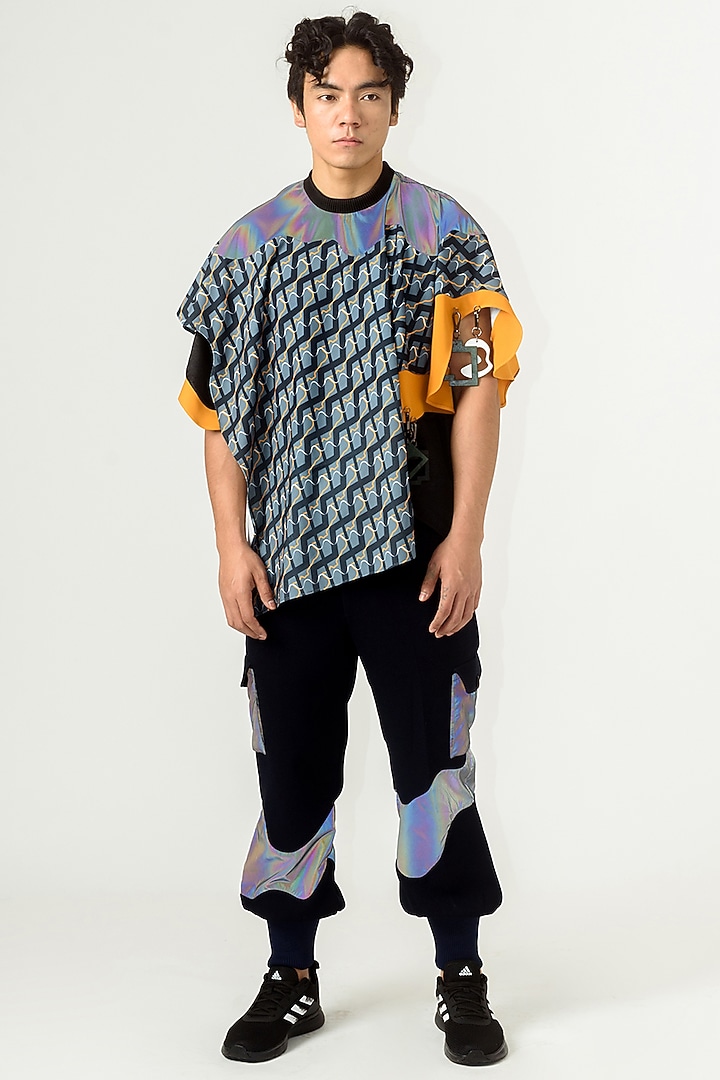 Navy Blue Poly Textured & Poly Banana Crepe Printed Asymmetrical Kaftan by Siddhant Agrawal Men at Pernia's Pop Up Shop