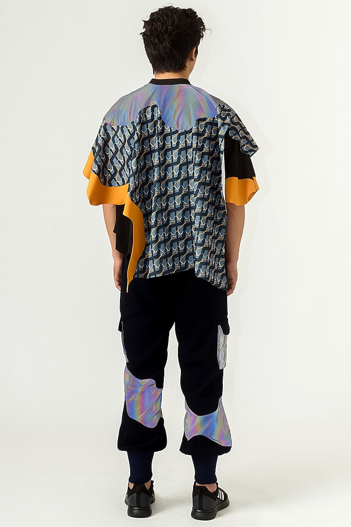Navy Blue Poly Textured & Poly Banana Crepe Printed Asymmetrical Kaftan by Siddhant Agrawal Men at Pernia's Pop Up Shop