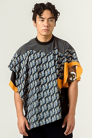 Navy Blue Poly Textured & Poly Banana Crepe Printed Asymmetrical Kaftan by Siddhant Agrawal Men