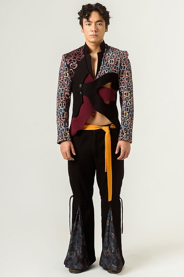 Black Textured Flared Trousers With Belt by Siddhant Agrawal Men