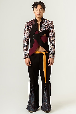 Black Textured Flared Trousers With Belt by Siddhant Agrawal Men