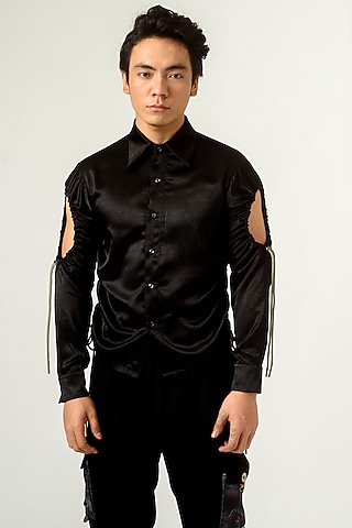 Black Velvet Satin Shirt by Siddhant Agrawal Men