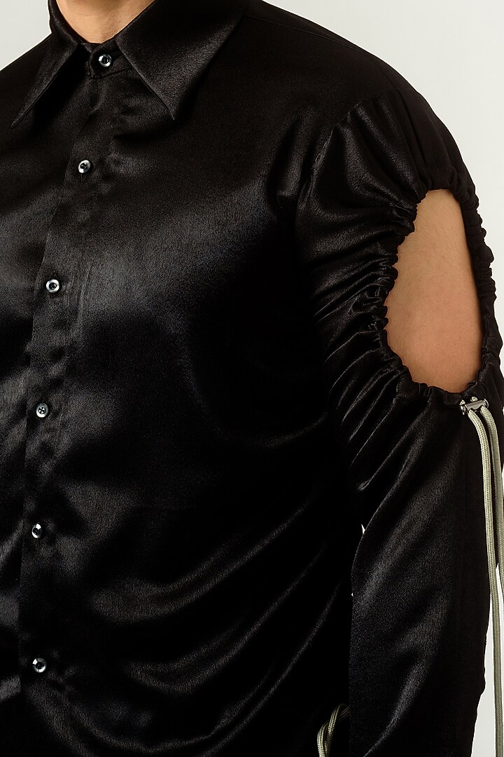 Black Velvet Satin Party Wear Shirt by Siddhant Agrawal Men at Pernia's Pop Up Shop