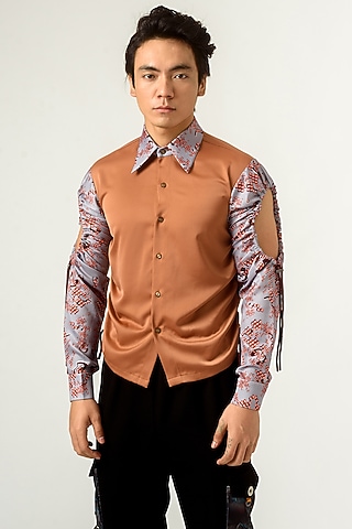 Brown Velvet Satin Shirt by Siddhant Agrawal Men