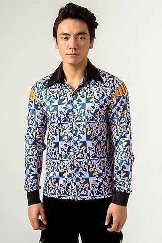 Blue Poly Velvet Satin Printed Shirt by Siddhant Agrawal Men