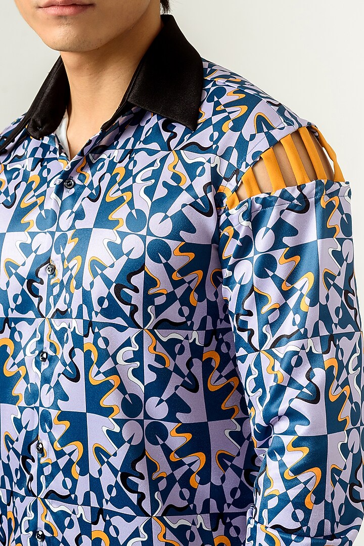 Blue Poly Velvet Satin Printed Party Wear Shirt by Siddhant Agrawal Men at Pernia's Pop Up Shop