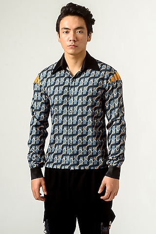 Navy Blue Printed Shirt by Siddhant Agrawal Men
