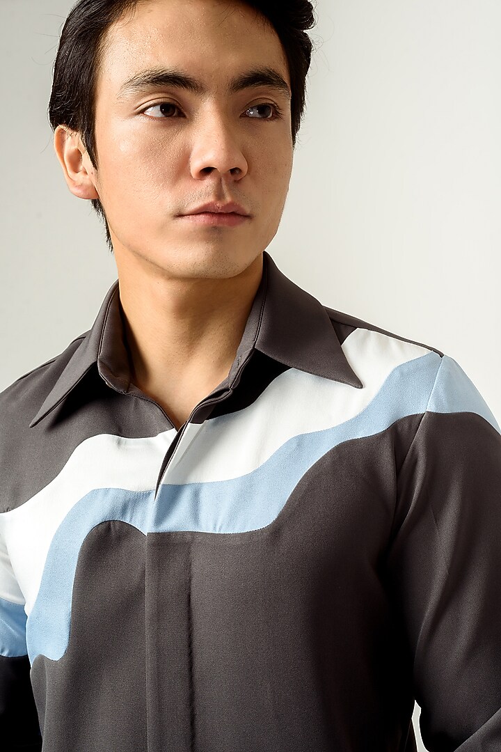 Grey Printed Paneled Party Wear Shirt by Siddhant Agrawal Men at Pernia's Pop Up Shop