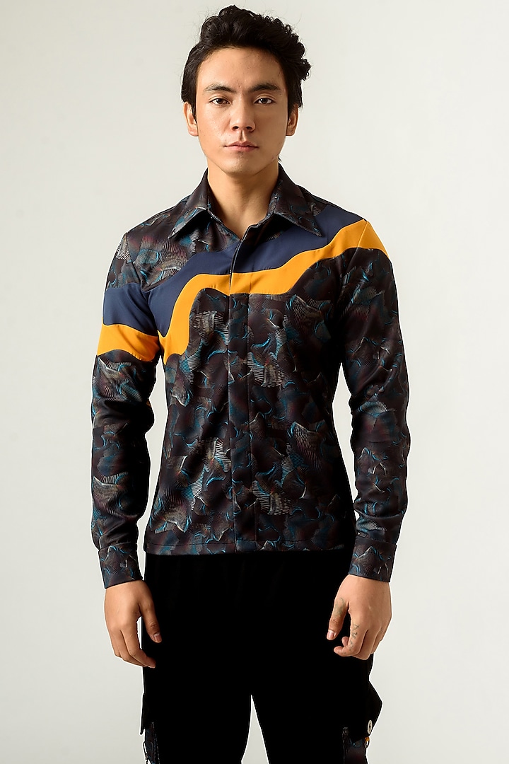 Black Printed Paneled Shirt by Siddhant Agrawal Men