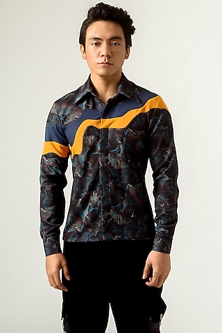 Black Printed Paneled Shirt by Siddhant Agrawal Men
