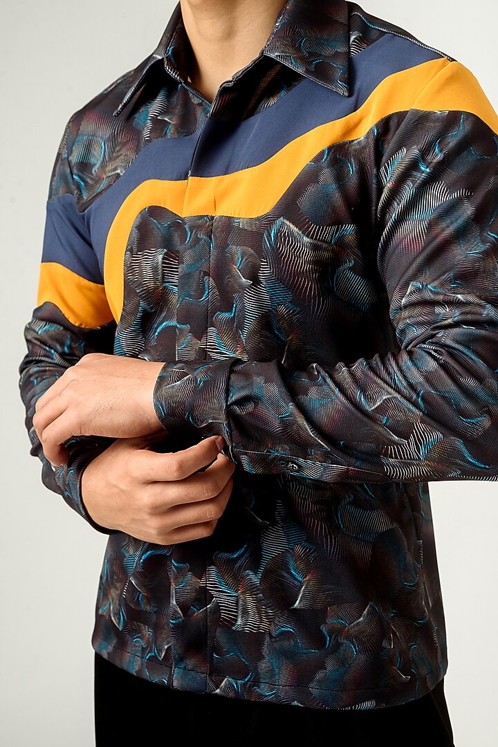 Black Printed Paneled Party Wear Shirt by Siddhant Agrawal Men at Pernia's Pop Up Shop