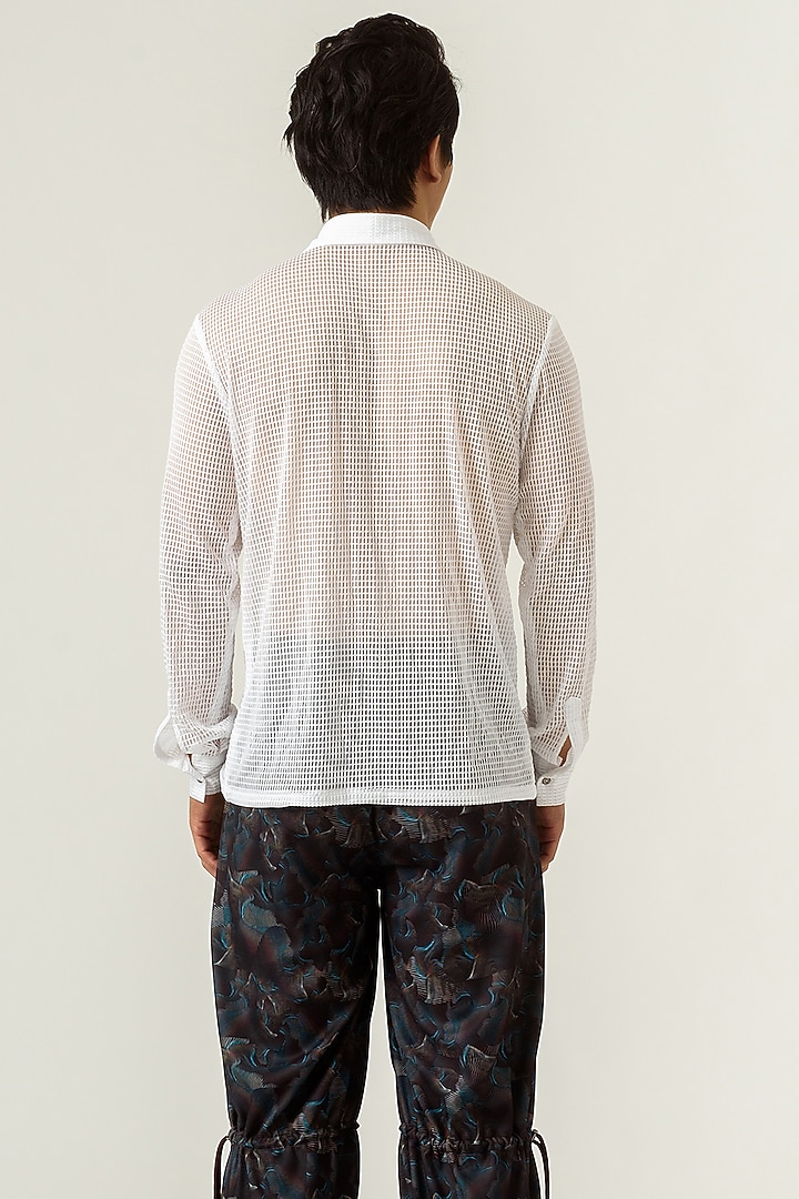 White Poly Knit Mesh Crepe Party Wear Shirt by Siddhant Agrawal Men at Pernia's Pop Up Shop