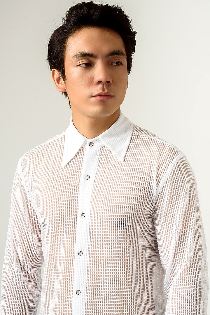 White Poly Knit Mesh Crepe Party Wear Shirt by Siddhant Agrawal Men at Pernia's Pop Up Shop