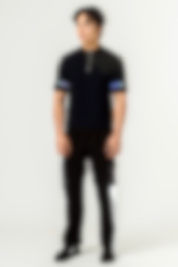Navy Blue Poly Knit Textured Crepe T-Shirt by Siddhant Agrawal Men