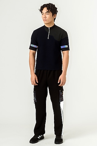 Navy Blue Poly Knit Textured Crepe T-Shirt by Siddhant Agrawal Men