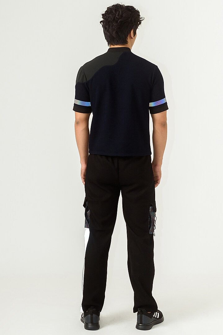 Navy Blue Poly Knit Textured Crepe T-Shirt by Siddhant Agrawal Men at Pernia's Pop Up Shop
