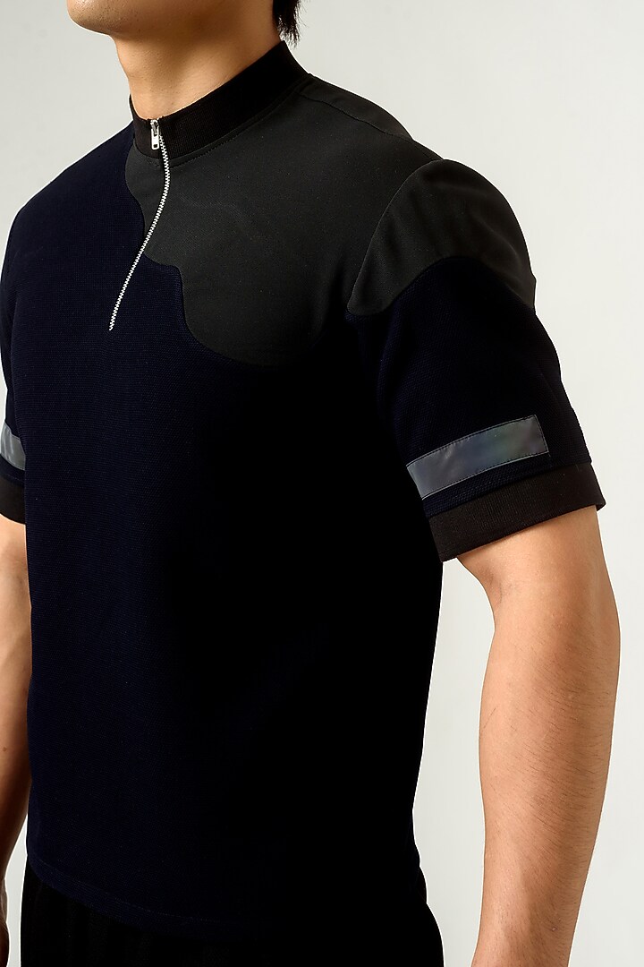 Navy Blue Poly Knit Textured Crepe T-Shirt by Siddhant Agrawal Men at Pernia's Pop Up Shop