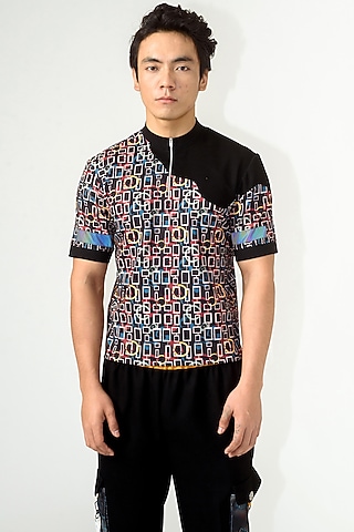 Black Poly Knit Textured Crepe T-Shirt by Siddhant Agrawal Men