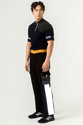 Black Poly Knit Textured Crepe Trousers by Siddhant Agrawal Men