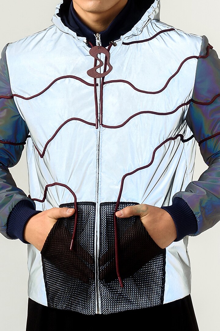 Silver Reflector Bomber Jacket by Siddhant Agrawal Men at Pernia's Pop Up Shop