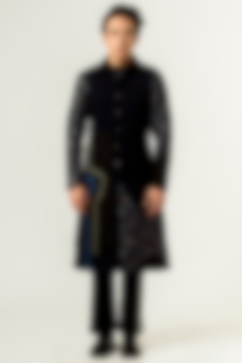 Navy Blue Printed Paneled Trench Coat by Siddhant Agrawal Men