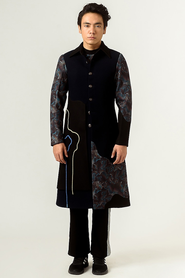 Navy Blue Printed Paneled Trench Coat by Siddhant Agrawal Men
