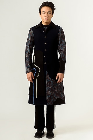 Navy Blue Printed Paneled Trench Coat by Siddhant Agrawal Men