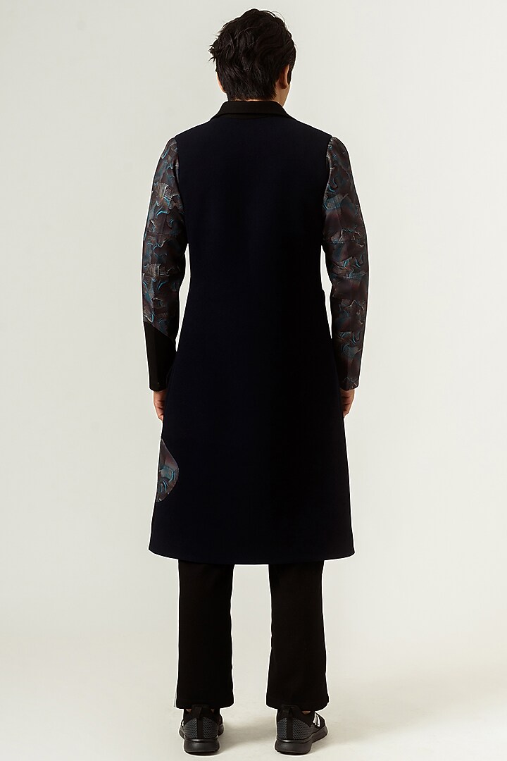 Navy Blue Printed Paneled Trench Coat by Siddhant Agrawal Men at Pernia's Pop Up Shop