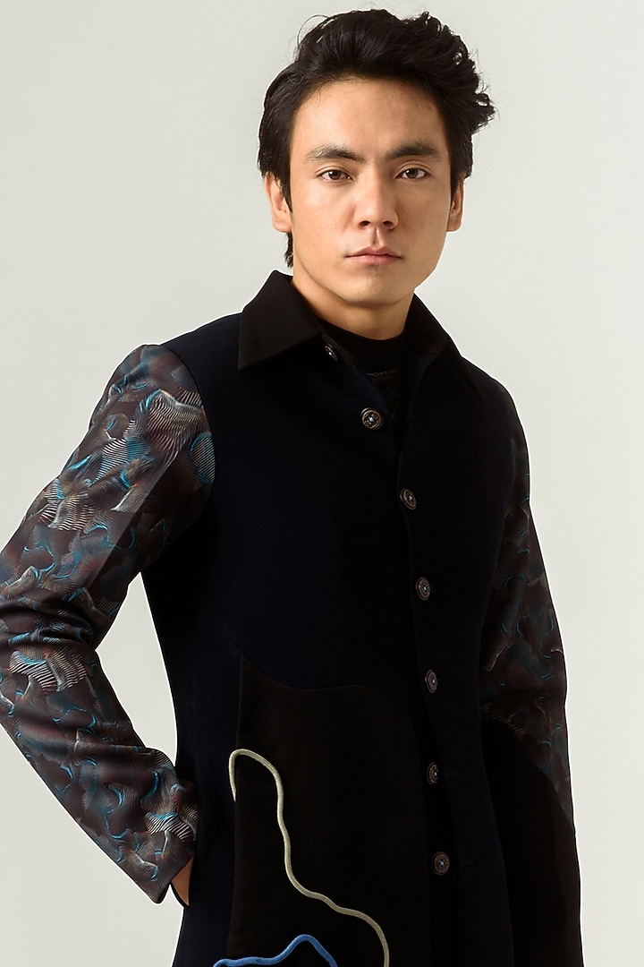 Navy Blue Printed Paneled Trench Coat by Siddhant Agrawal Men at Pernia's Pop Up Shop
