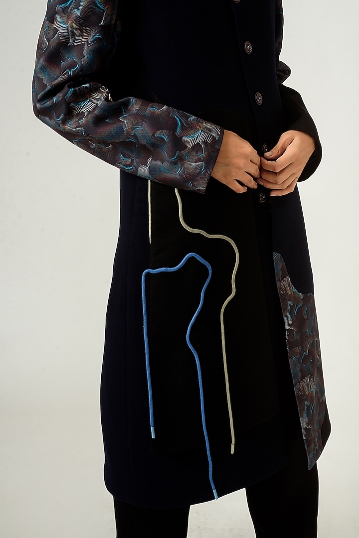 Navy Blue Printed Paneled Trench Coat by Siddhant Agrawal Men at Pernia's Pop Up Shop