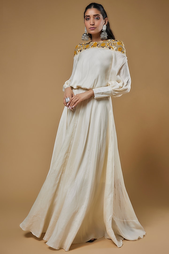 White Malai Silk Cutdana Embroidered Gown by Sierra The Label at Pernia's Pop Up Shop