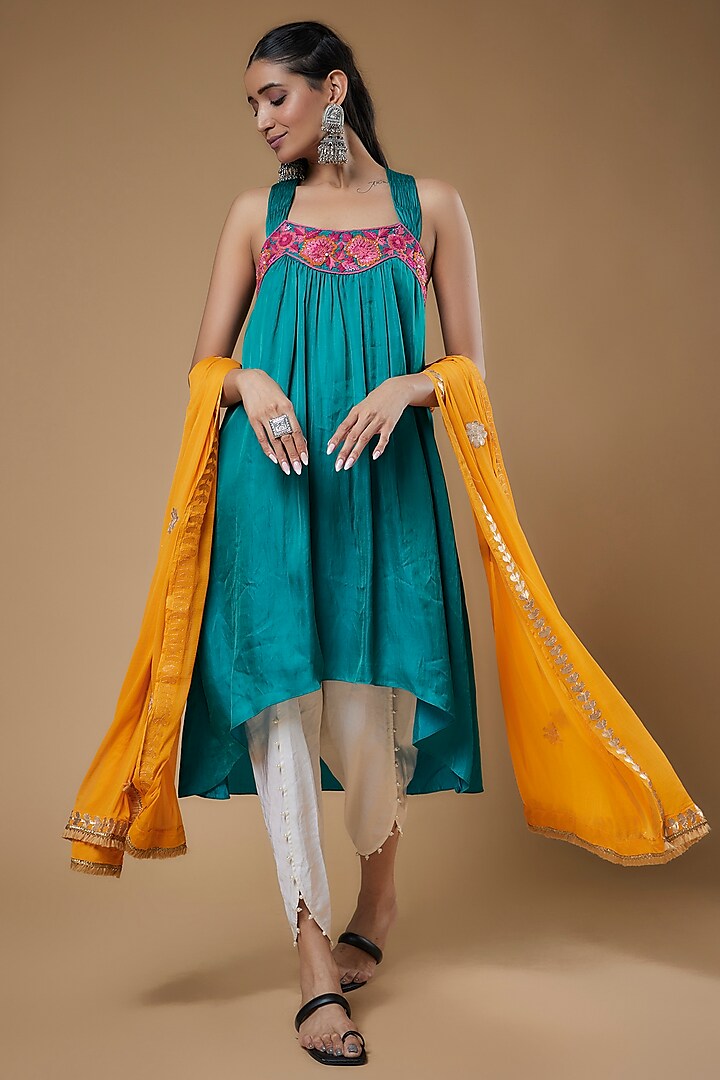 Peacock Blue Malai Silk Kurta Set by Sierra The Label at Pernia's Pop Up Shop