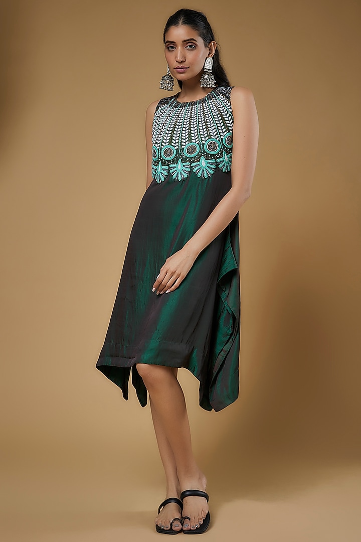 Emerald Green Malai Silk Cutdana Embroidered Asymmetrical Dress by Sierra The Label