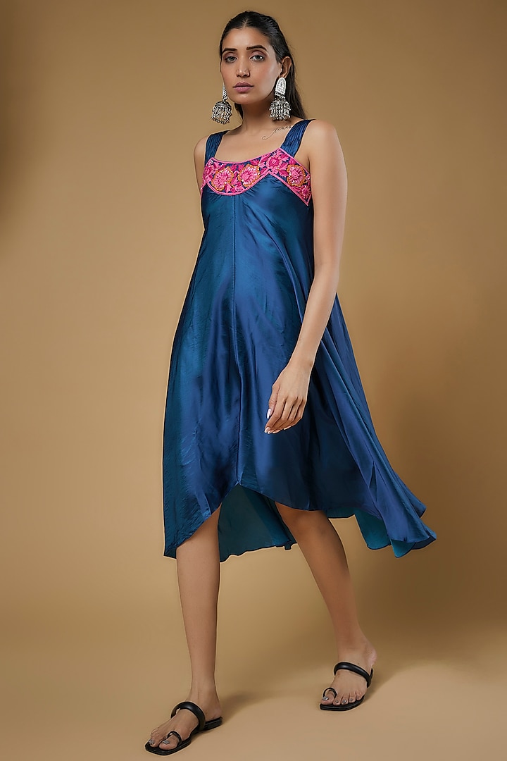 Cobalt Blue Malai Silk Thread Embroidered Flared Dress by Sierra The Label at Pernia's Pop Up Shop