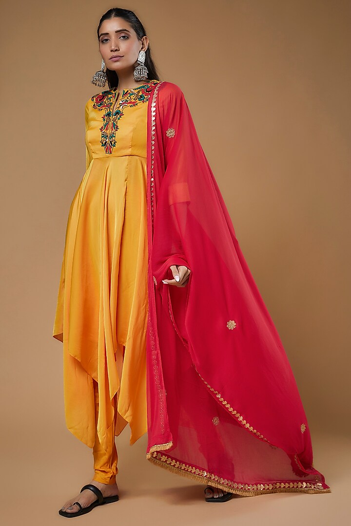 Mango Yellow Malai Silk Asymmetrical Anarkali Set by Sierra The Label at Pernia's Pop Up Shop