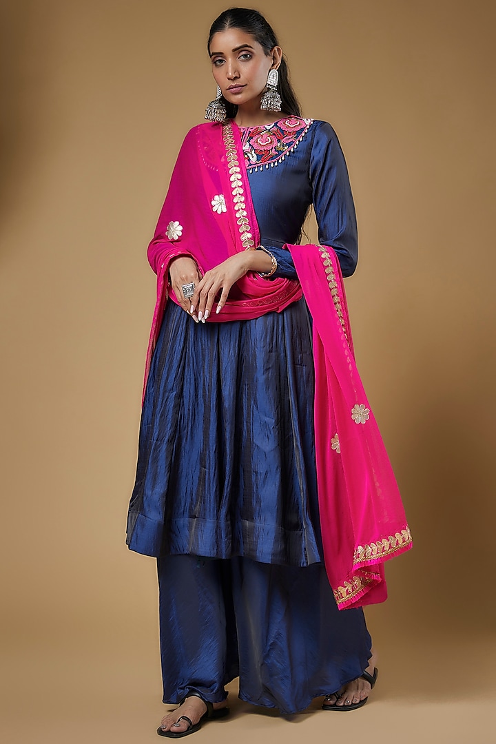 Cobalt Blue Malai Silk Anarkali Set by Sierra The Label at Pernia's Pop Up Shop